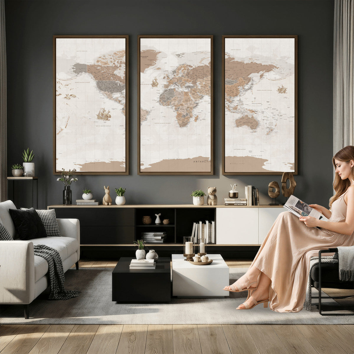 Framed Large World Map Canvas Print for Office Decor