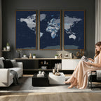 Blue Detailed World Map Wall Art Canvas Print | Modern Framed Map