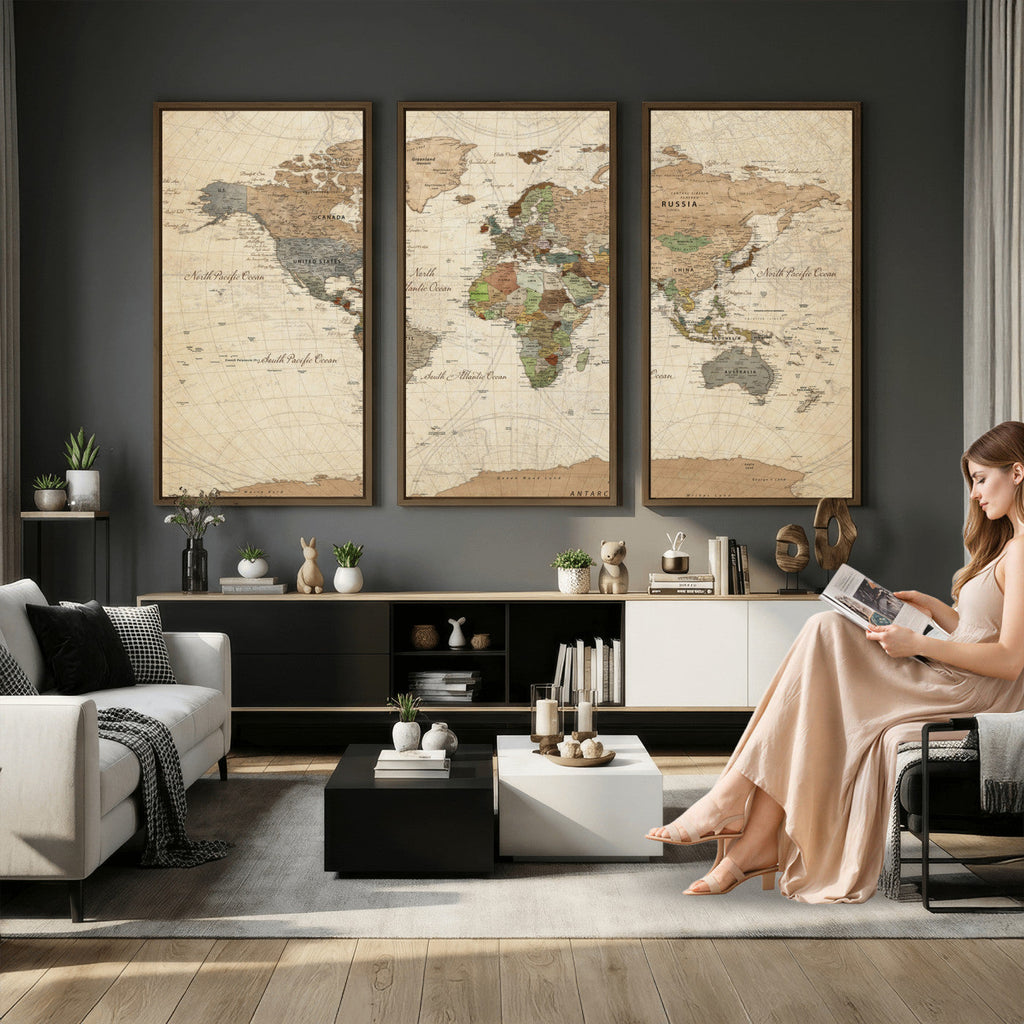 Framed World Map Wall Art for Home and Office Decor