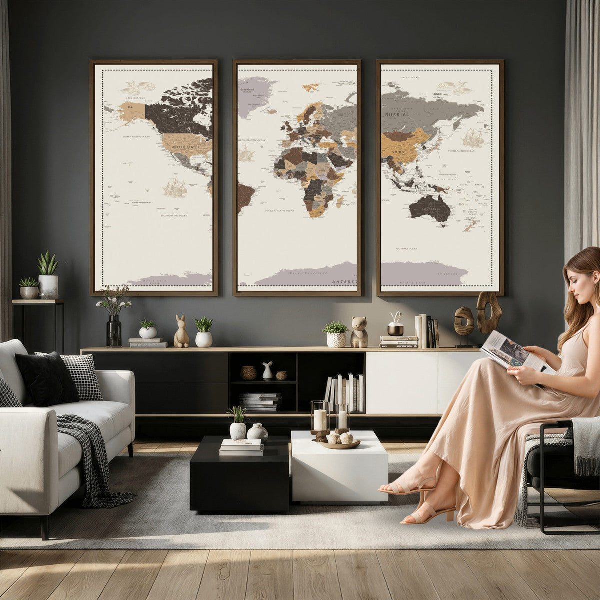 Custom Beige Modern Push Pin World Map Canvas Print, Places Visited Tracker, Bedroom and Study Decor