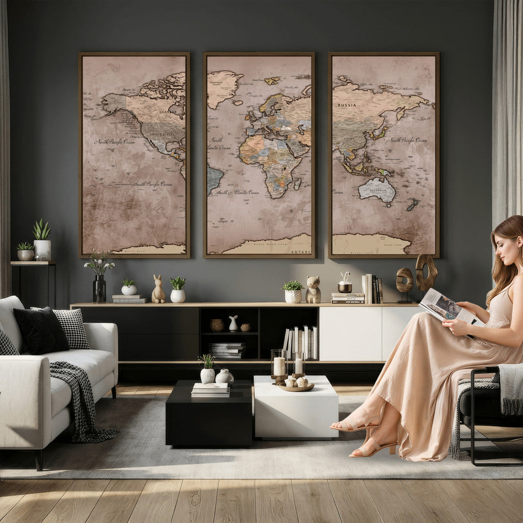 Grunge World Map Canvas Wall Art - Vintage Aged World Map with Golden Tones
