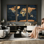 Vintage World Map Canvas Wall Art | Detailed Map with Countries, Oceans and Continents