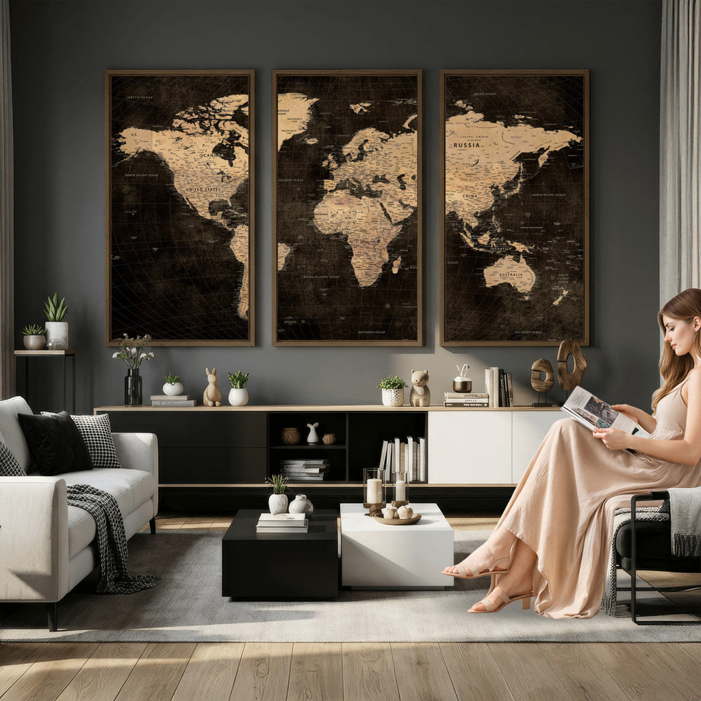 Brown World Map Canvas Print | Modern Travel Map Wall Art