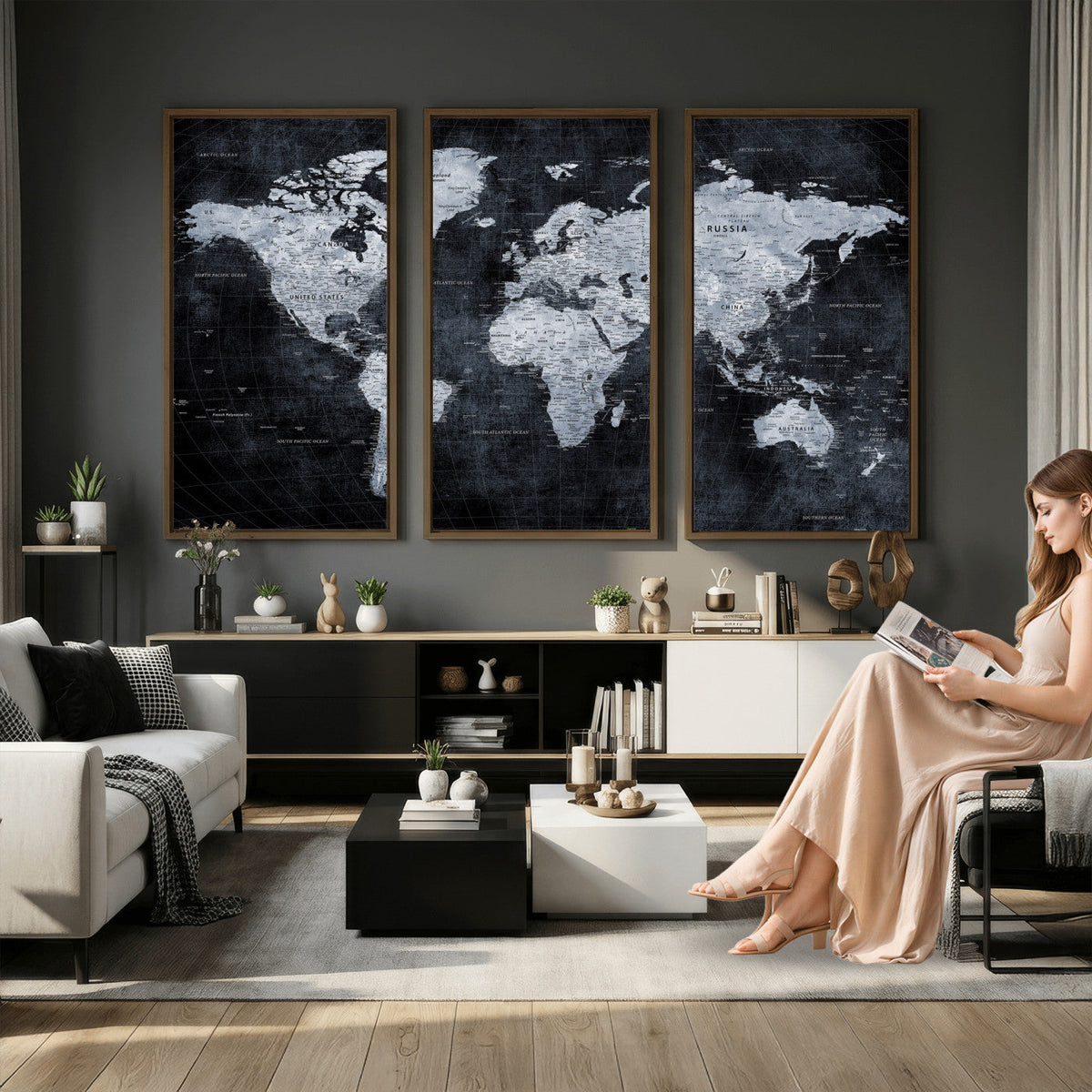 Black World Map Canvas Print | Detailed Map for Couples and Anniversary Gift