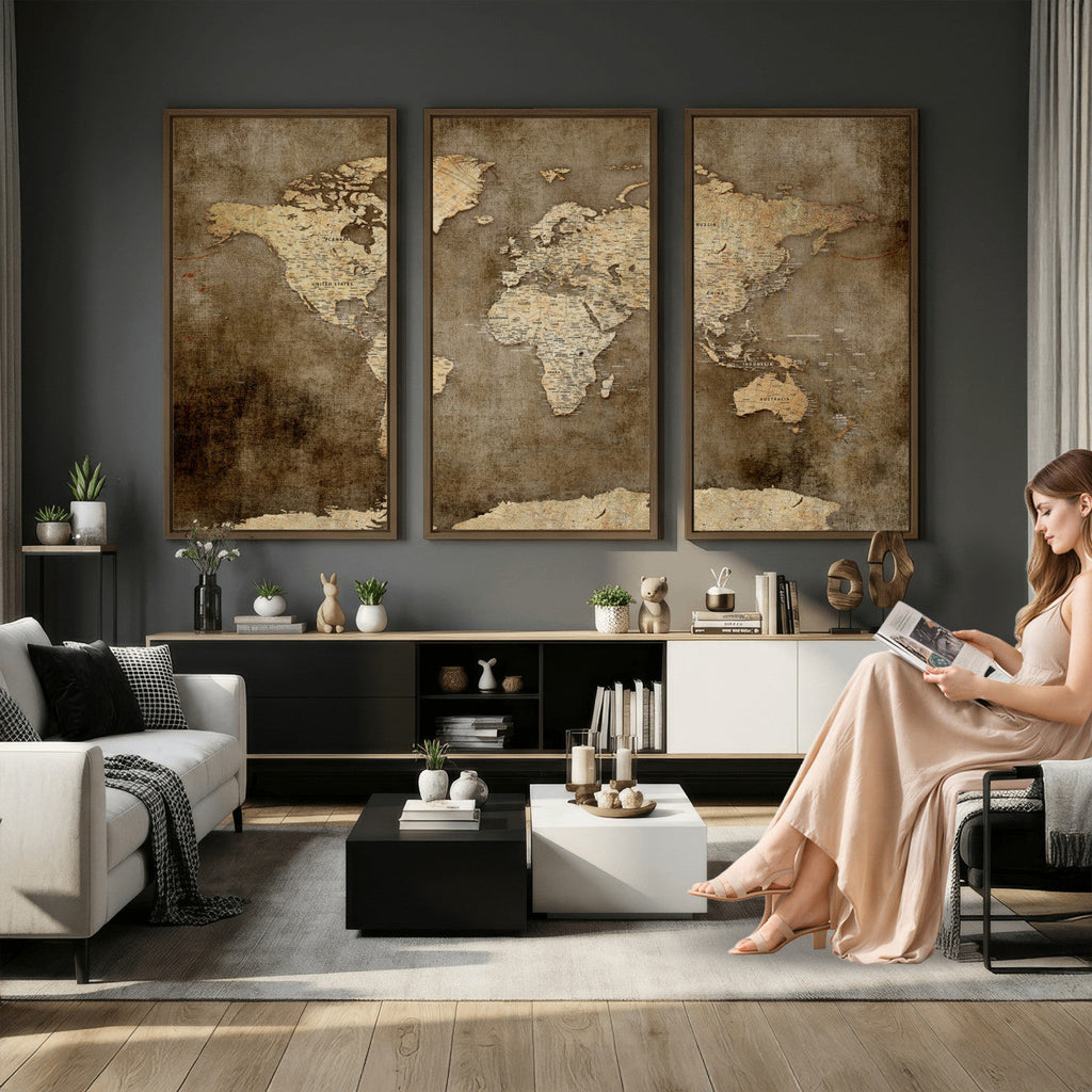 Dark Vintage World Map Canvas Wall Art Print, Antique Map Artwork