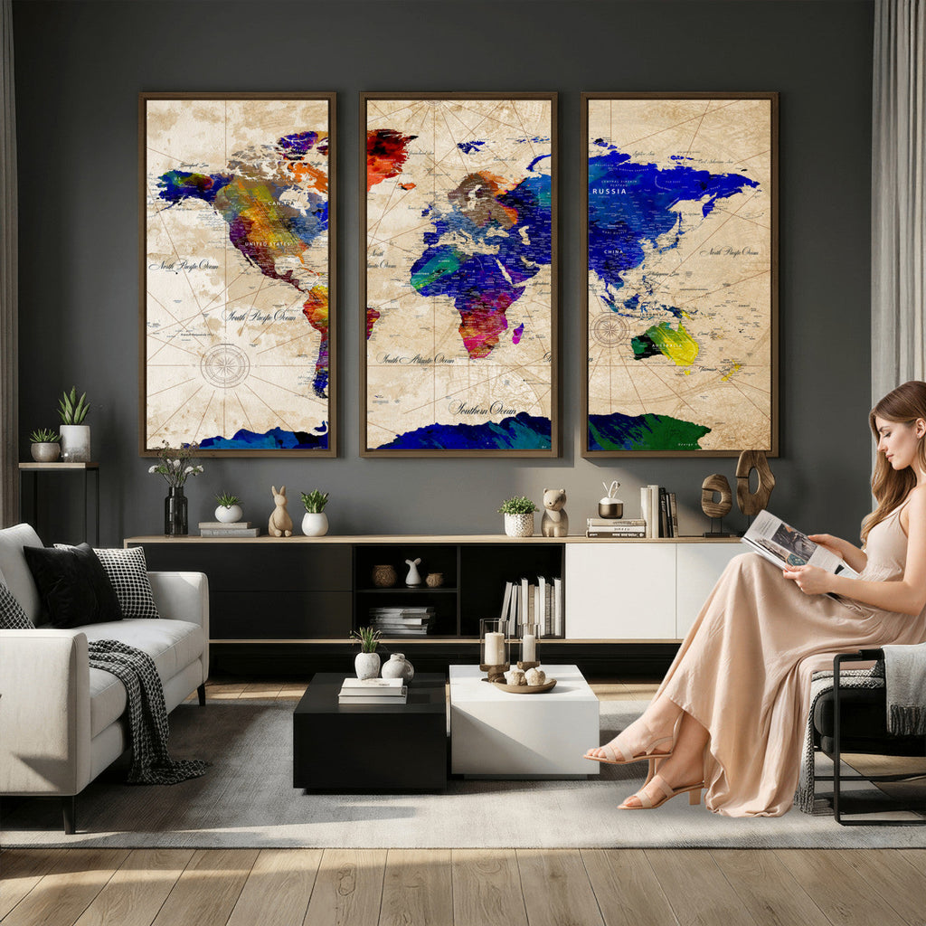 Watercolor World Map Canvas Print | Framed Wall Art for Couples