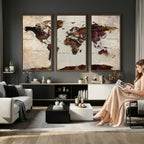 World Map Canvas Triptych | Colorful Global Wall Art for Living Rooms