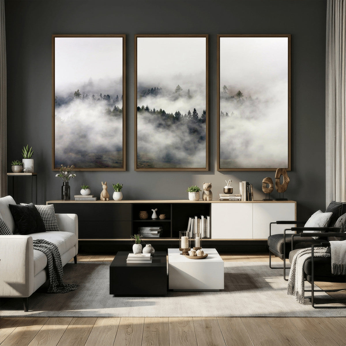 Foggy Forest Wall Art Canvas Print, Misty Pine Tree Landscape