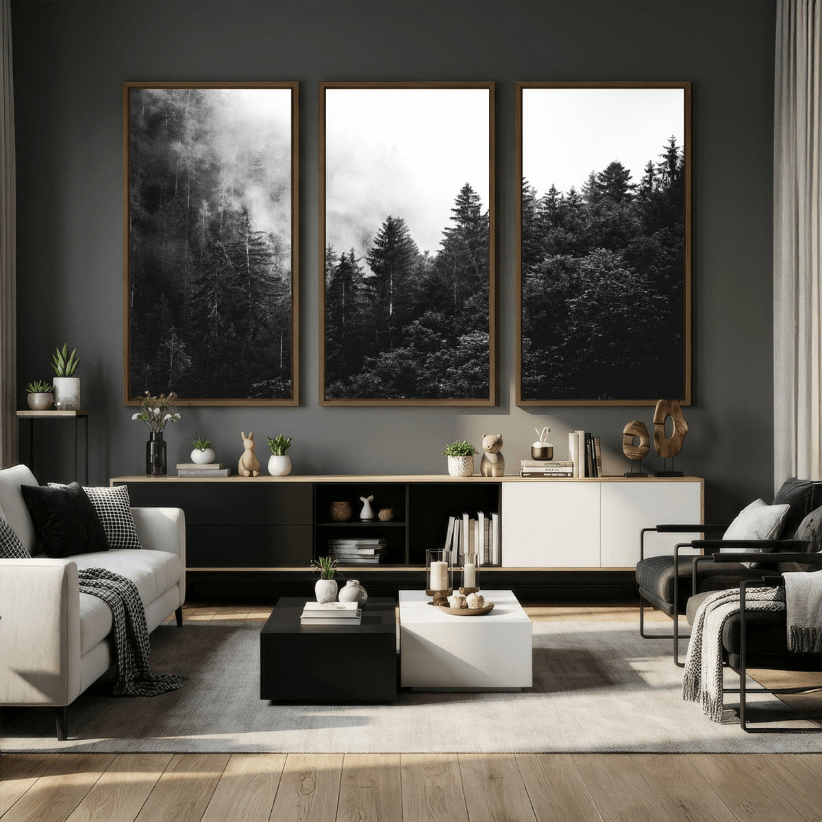 Black White Forest Wall Art Canvas Print, Misty Pine Tree Landscape