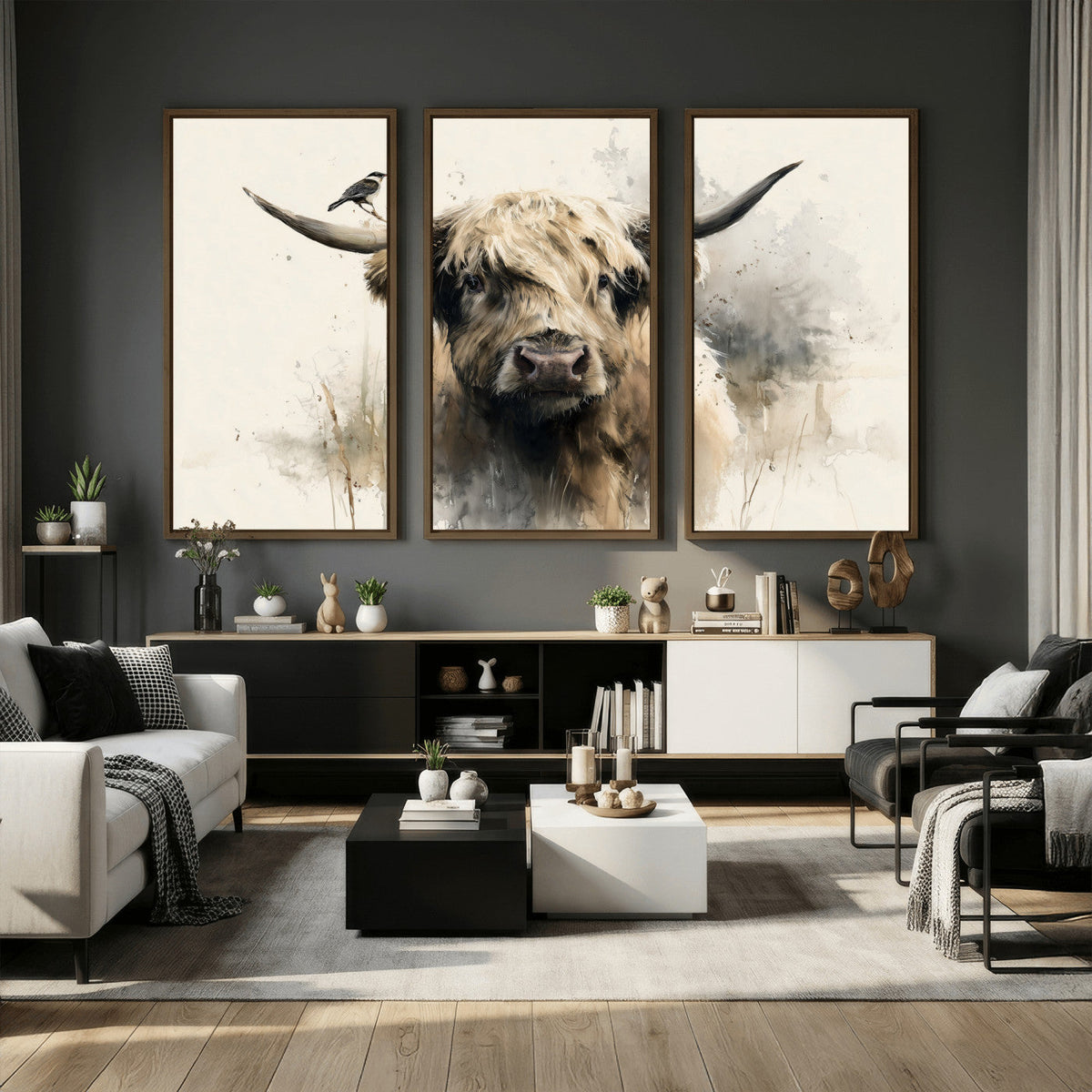 Abstract Highland Cow Wall Art Canvas Print, Rustic Farm Cattle Portrait