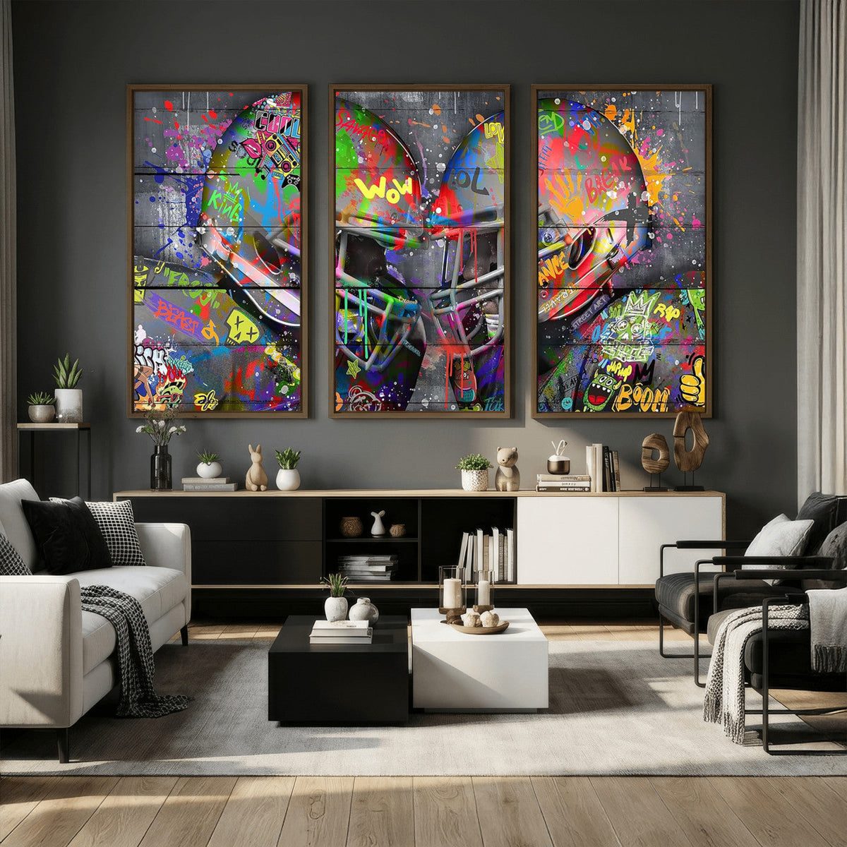 Graffiti Football Helmets Wall Art Canvas Print, Urban Street Art