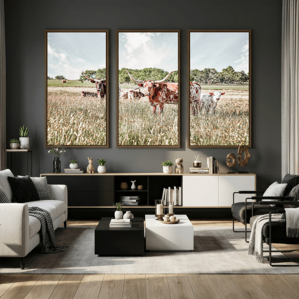 Texas Longhorn Cattle Wall Art Canvas Print, Western Ranch Landscape Decor