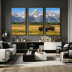 Bison in Mountain Landscape Wall Art Canvas Print, Western Decor