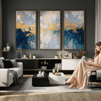 Blue Gold Abstract Large Framed Canvas Wall Art, Modern Luxury Print