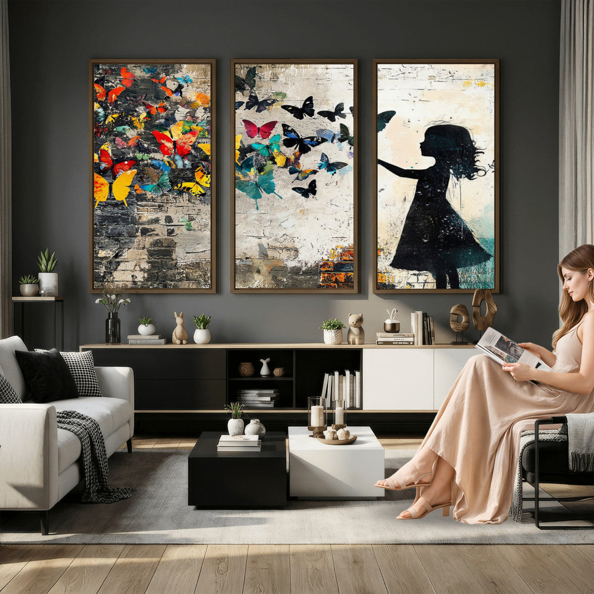 Banksy Butterfly Girl Wall Art Canvas Print, Framed Street Art