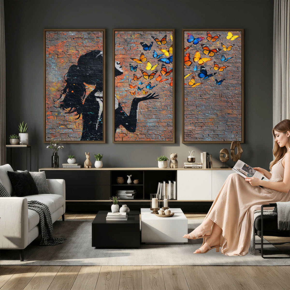 Urban Banksy Butterfly Girl Wall Art Canvas Print, Framed