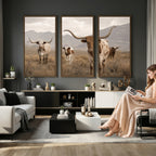 Rustic Texas Longhorn Cow Canvas Wall Art Print, Farm Animal Photography
