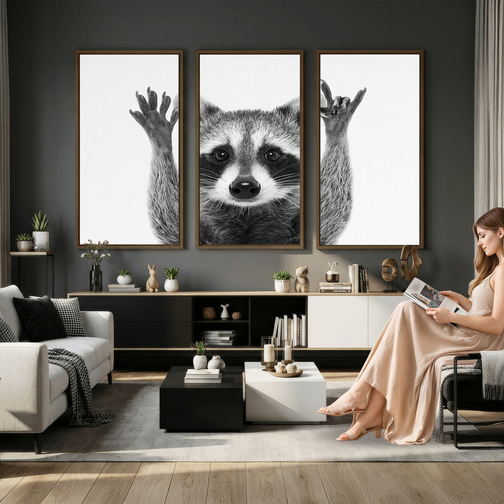 Funny Raccoon Canvas Wall Art, Black White Hands Up Animal Photo Print