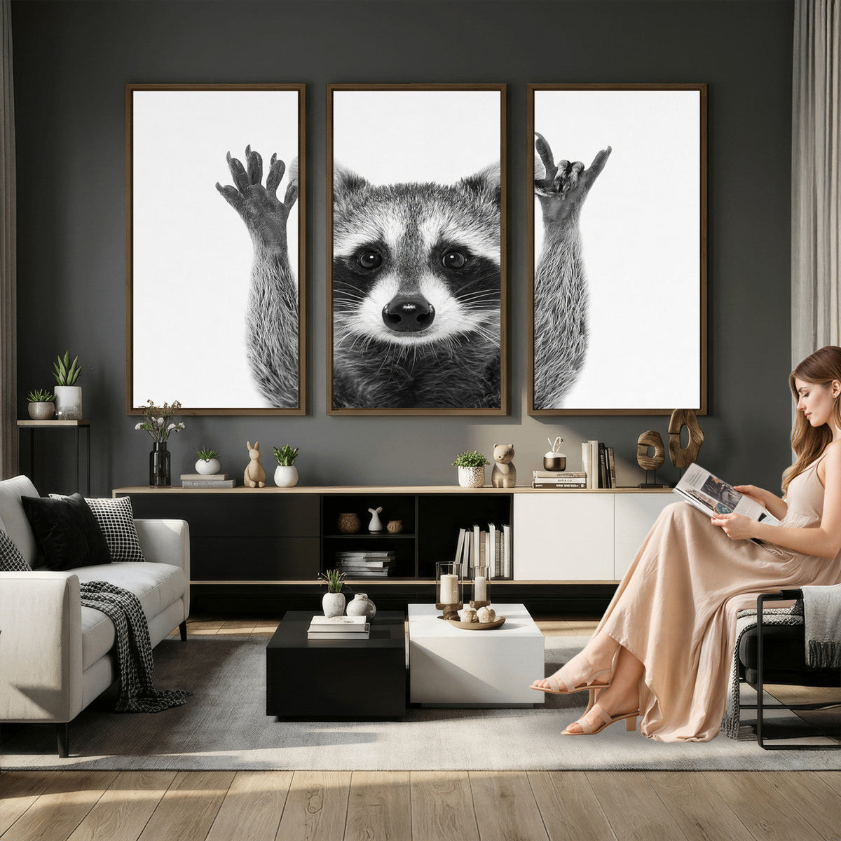 Funny Raccoon Canvas Wall Art, Black White Hands Up Animal Photo Print