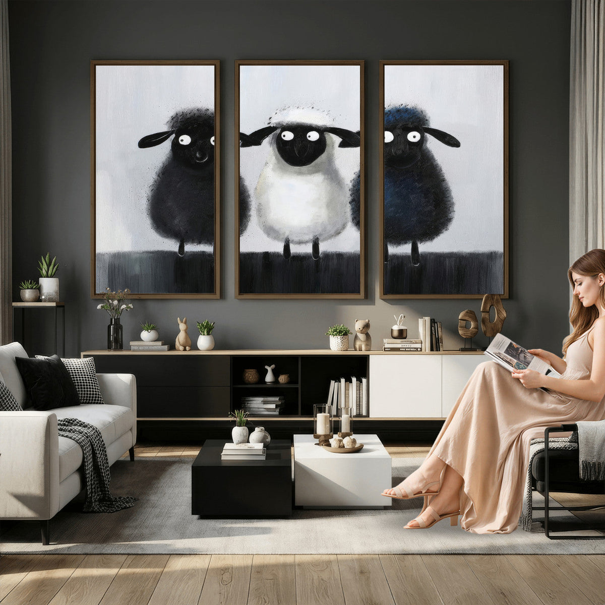 Funny Sheep Canvas Wall Art, Three Quirky Sheep Painting Print, Cute Nursery Decor
