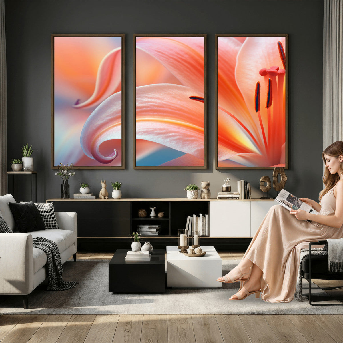 Peach Lily Canvas Wall Art, Coral Pink Flower Macro Photo Print, Botanical Decor