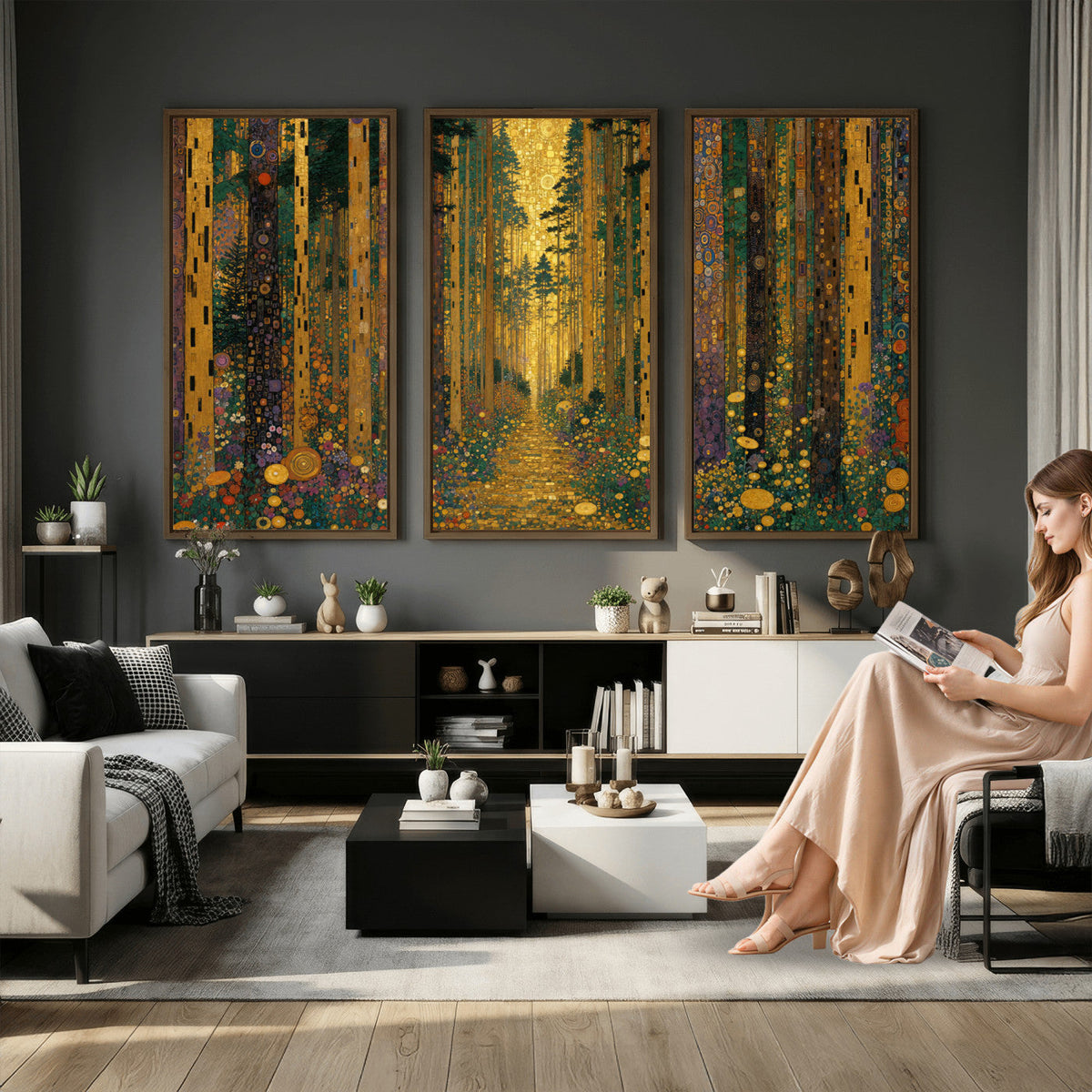 Gustav Klimt Style Forest Canvas Wall Art, Golden Forest Path Floral Art Nouveau Print
