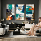 Blue Teal Abstract Canvas Wall Art, Modern Brushstroke Style Print, Navy Orange Contemporary Decor