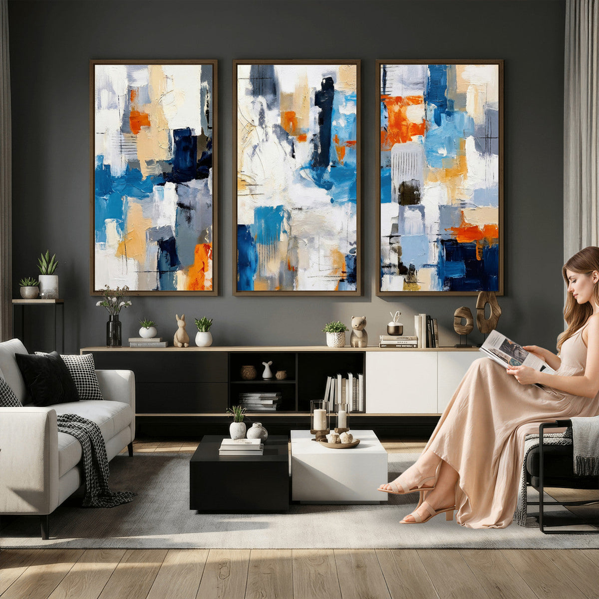 Blue Teal Abstract Canvas Wall Art, Modern Brushstroke Style Painting Print, Navy Orange Contemporary Decor
