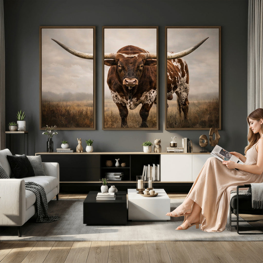 Texas Longhorn Wall Art Canvas Print | Brown Horned Bull Rustic Western Decor