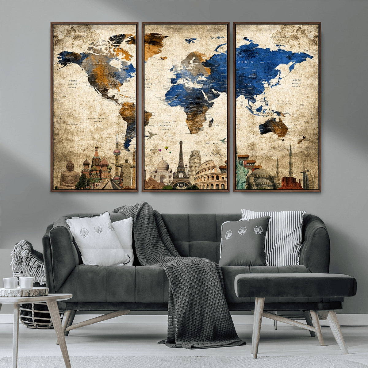 World Map Canvas Print | Vintage Blue and Gold World Map Wall Art