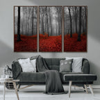 Red Forest Floor Canvas Wall Art | Mystical Foggy Woodland Triptych