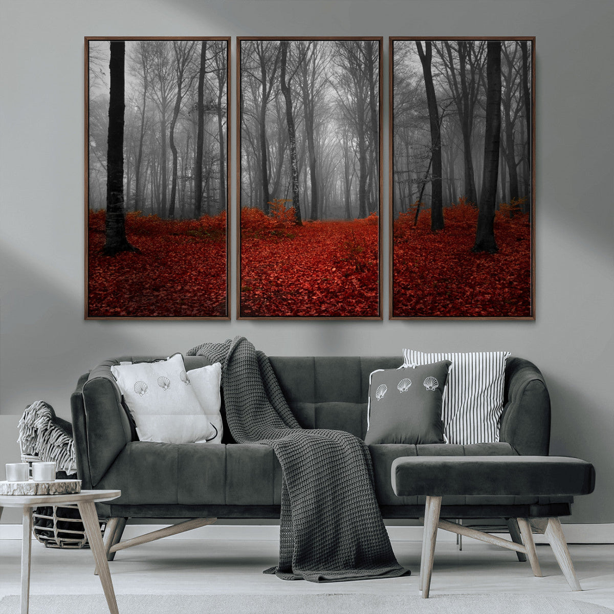Red Forest Floor Canvas Wall Art | Mystical Foggy Woodland Triptych