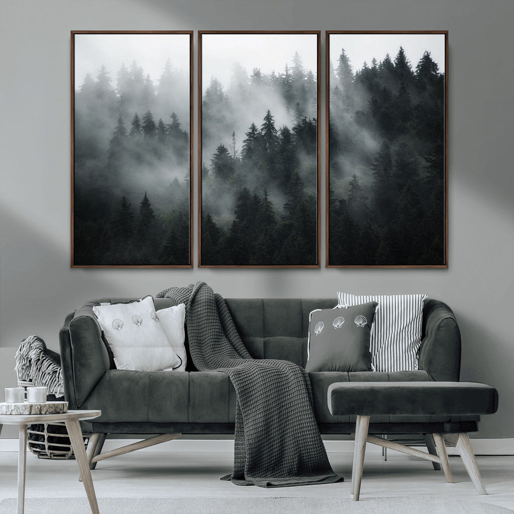 Foggy Forest Wall Art Canvas Print | 3 Panel Large Misty Landscape