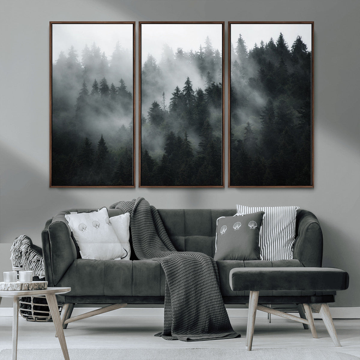 Foggy Forest Wall Art Canvas Print | 3 Panel Large Misty Landscape