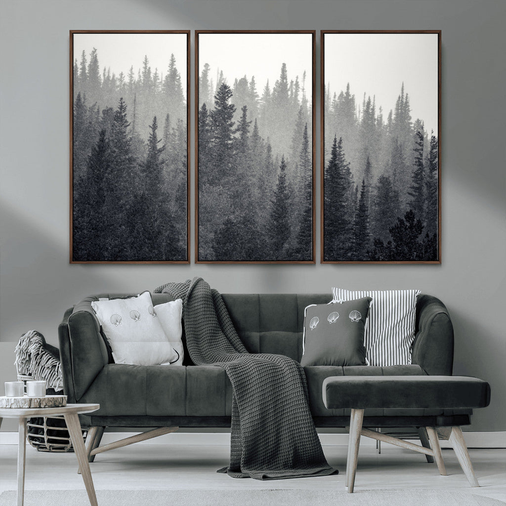 Misty Forest Canvas Wall Art | Monochrome Triptych Pine Tree Print