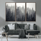Misty Forest Canvas Wall Art | Monochrome Triptych Pine Tree Print