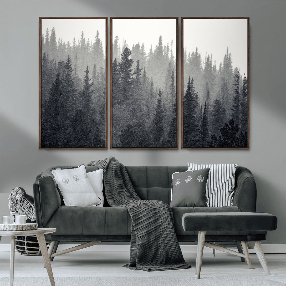 Misty Forest Canvas Wall Art | Monochrome Triptych Pine Tree Print
