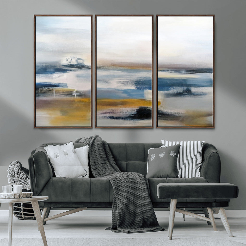 Abstract Landscape Wall Art Canvas | 3 Panel Modern Blue, Gold and White Canvas Art