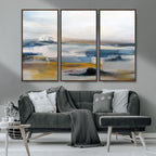 Abstract Landscape Wall Art Canvas | 3 Panel Modern Blue, Gold and White Canvas Art