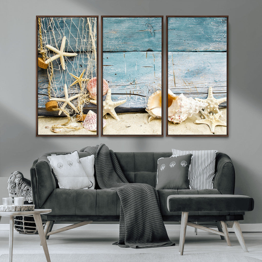 Seashells on Rustic Wooden Background, Seashells Wall Art