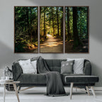 Sunlit Forest Pathway Canvas Print | 3 Panel Large Nature Wall Art
