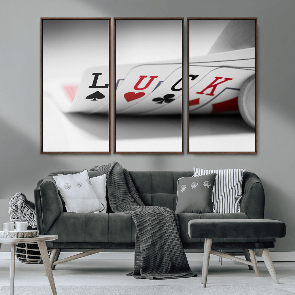 Framed Lucky Poker Cards Canvas | Modern Triptych Wall Art for Game Rooms