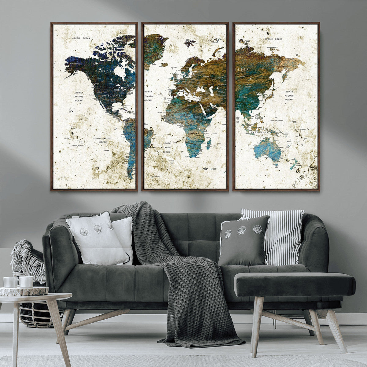 Vintage World Map Wall Art Canvas Print, Framed Rustic Earth Tone Map