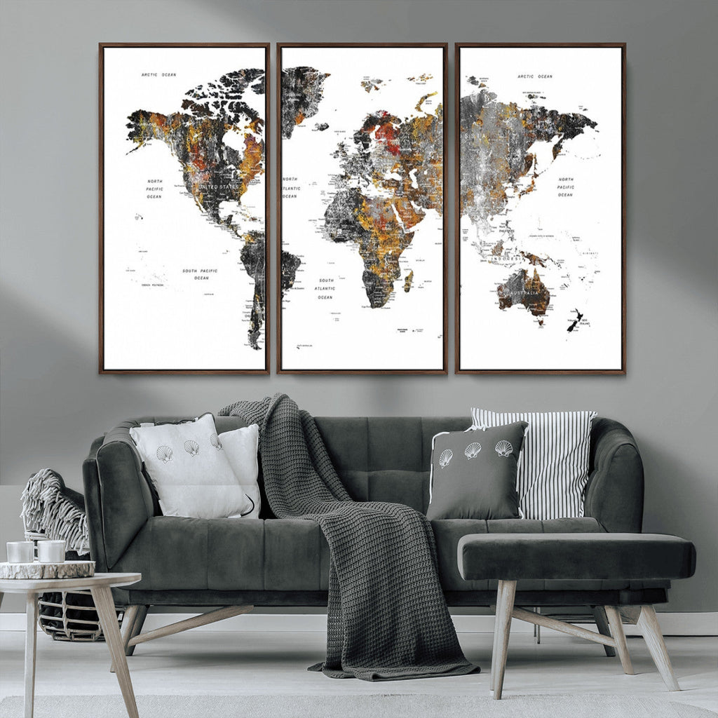 Modern Metallic World Map Canvas Wall Art | Framed Contemporary World Map Print