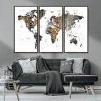 Modern Metallic World Map Canvas Wall Art | Framed Contemporary World Map Print