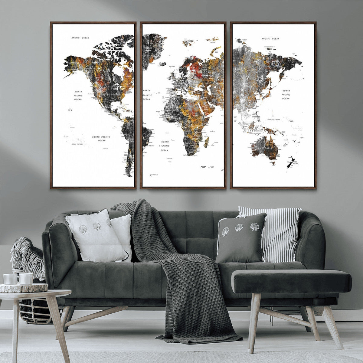 Modern Metallic World Map Canvas Wall Art | Framed Contemporary World Map Print