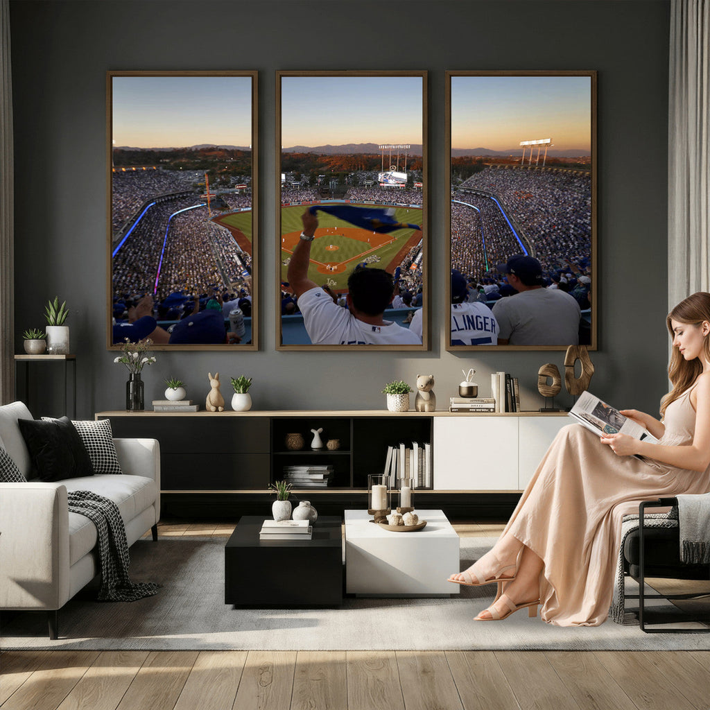 Dodger Stadium Sunset Game Triple Canvas Wall Art, Los Angeles Dodgers MLB Match