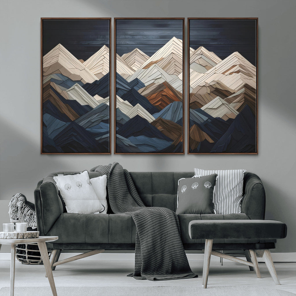 Rustic Mountain Landscape Wall Art Canvas Print, Framed 3D Wooden Effect Mountain Art