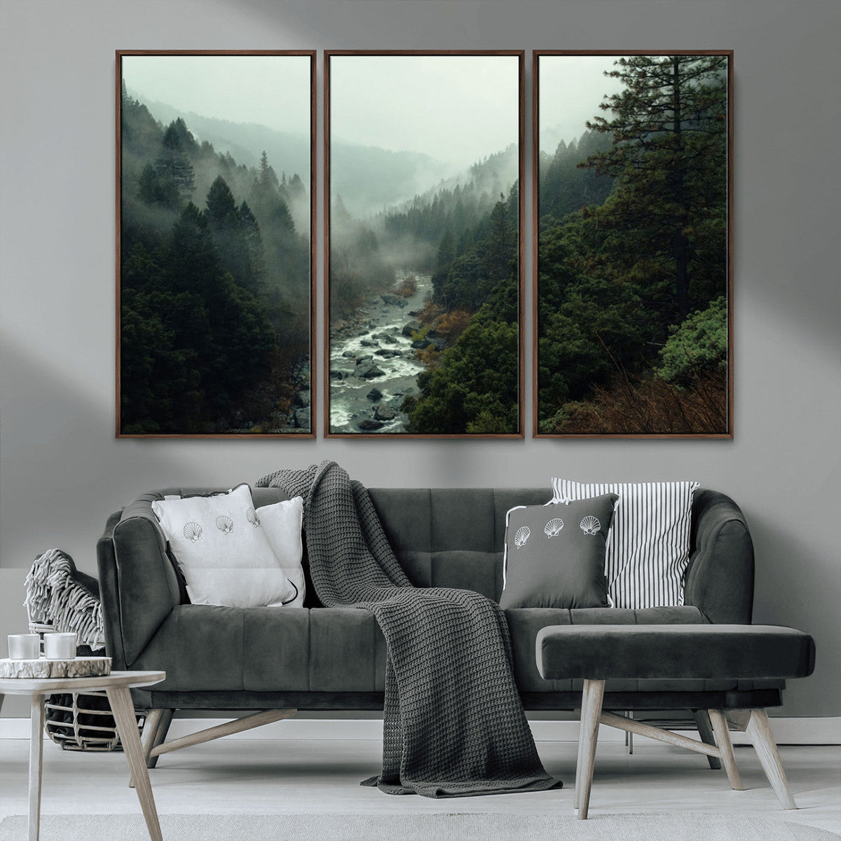 Misty Forest Wall Art, Tranquil Nature Landscape, Ready to Hang | Extra Large 3 Piece Canvas Wall Art