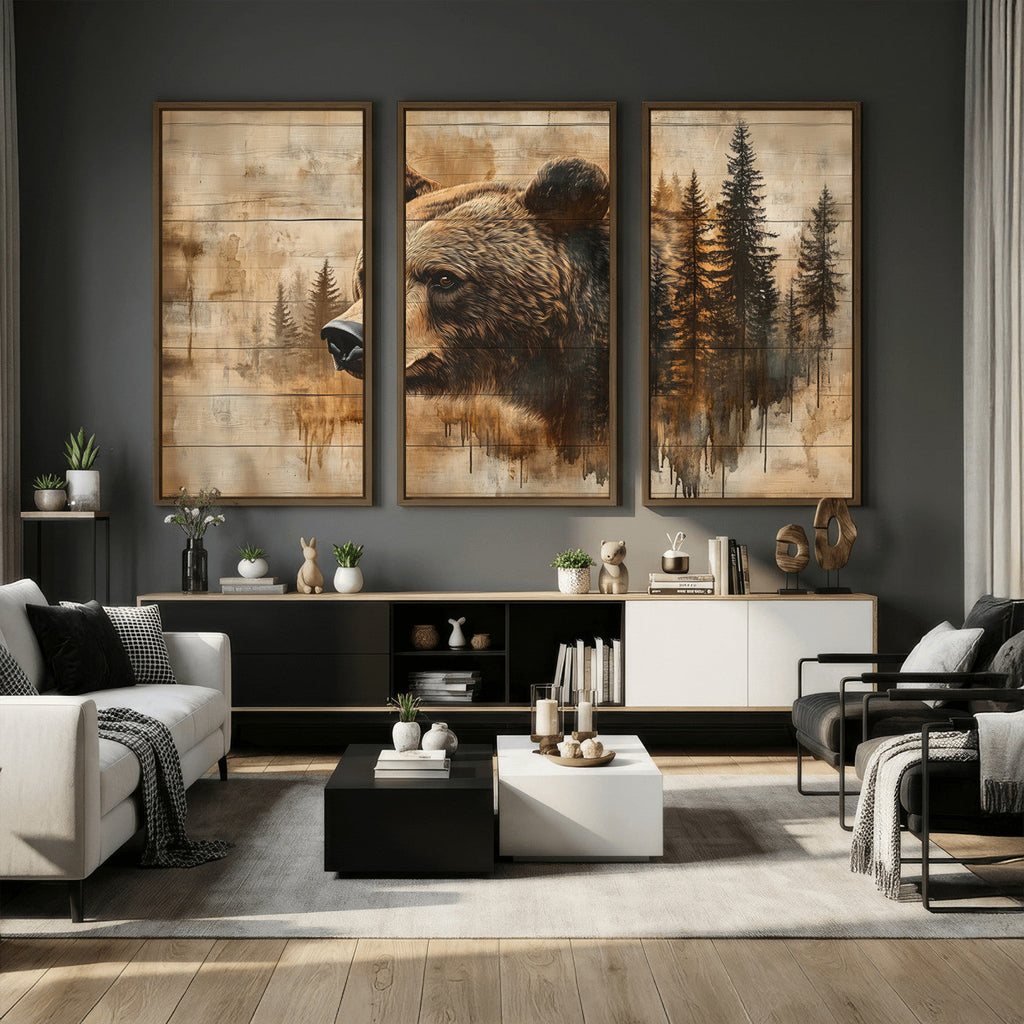 Rustic Grizzly Bear Wall Art, Abstract Grizzly 399 Bear Canvas Print, Woodland Wildlife